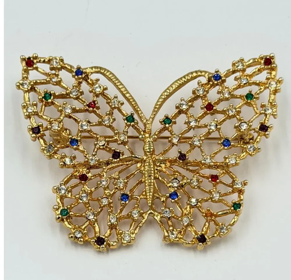 Large Butterfly Brooch SLIND Signed 14KGE Multicolor Rhinestone Filigree